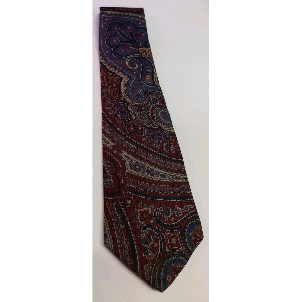 John Henry Men's 100% Silk‎ Neck Tie Red with Tan and Blue Paisley Print